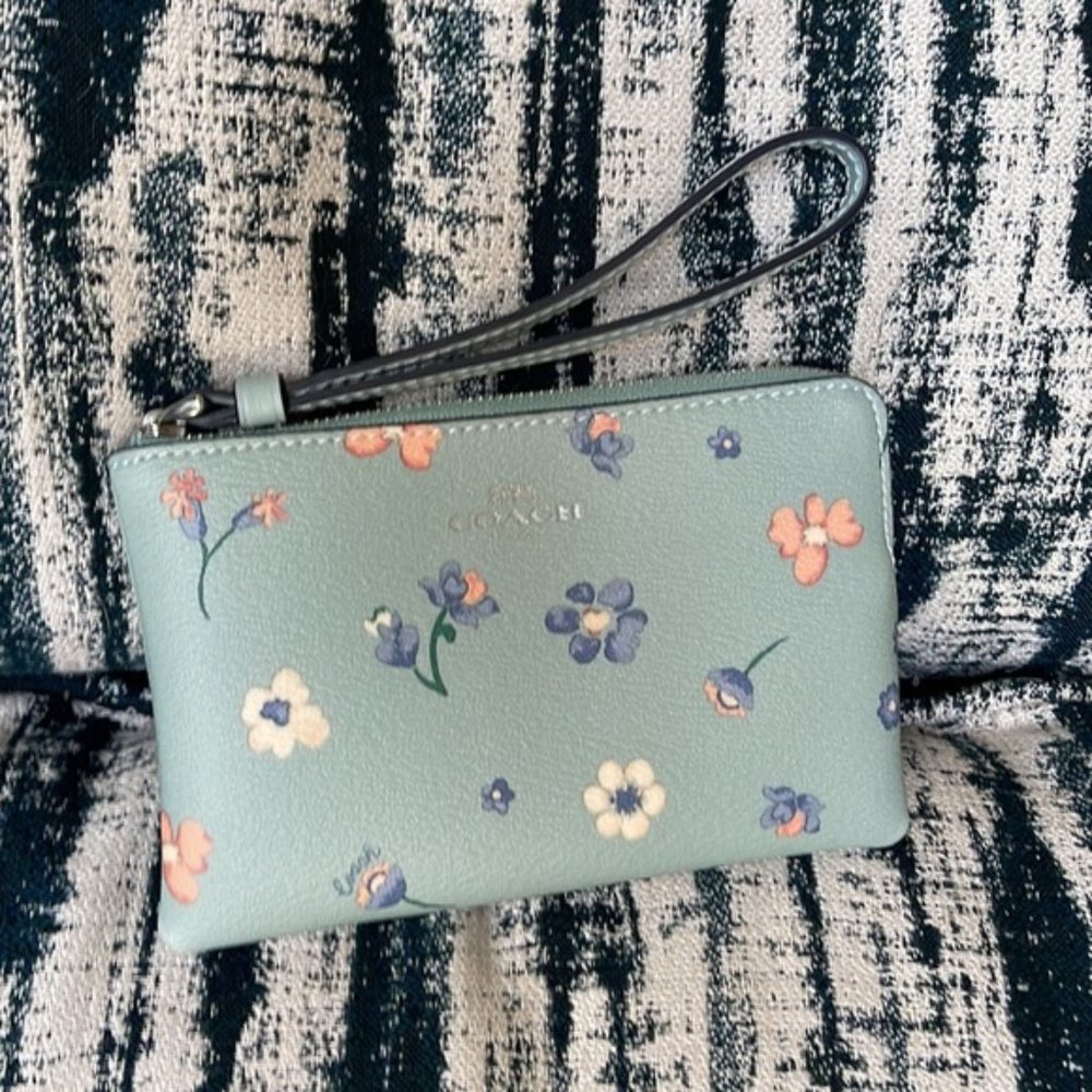 Coach Mystical Floral Corner Zip Wristlet Light Teal Multi - Picture 6 of 16